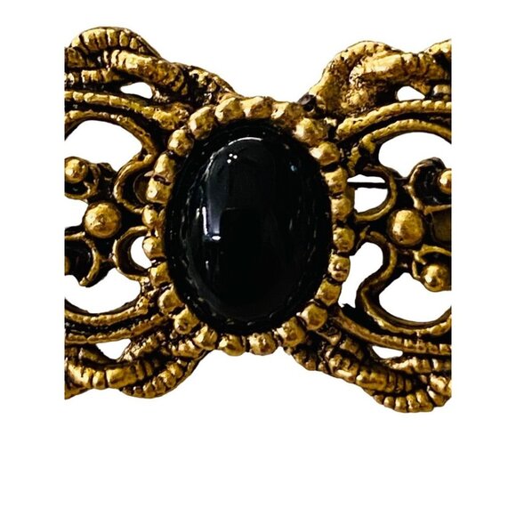 Vintage Victorian Style Brooch Goldtone Black Pin Filigreee Intricate 2" Length - Picture 12 of 16